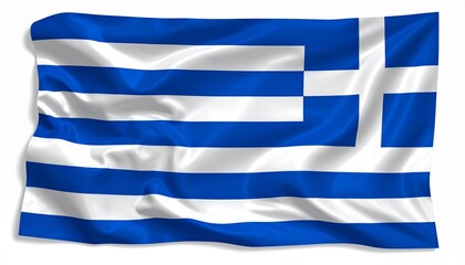 The flag of Greece draped gently realistic fabric folds white background with subtle soft shadow
