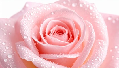 A soft pink rose blooms in a close up with gentle lighting and water droplets.