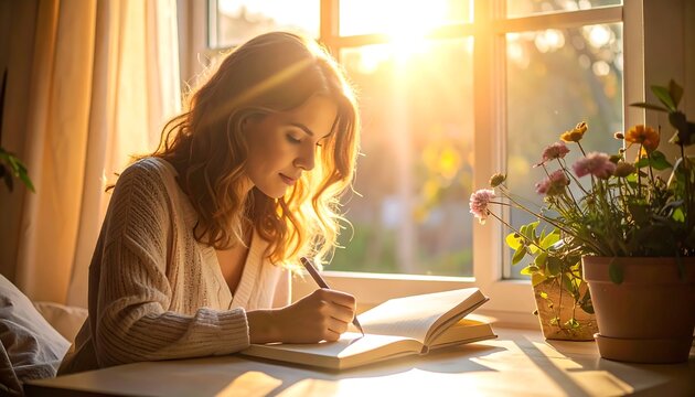 Woman writing in a journal by a window. Sunlight streams in