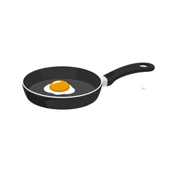 A single egg frying in a black pan. A symbol of breakfast, cooking and a simple meal. 