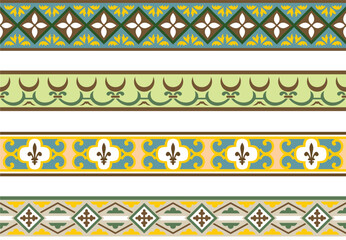 Vector set of colored seamless classic renaissance ornament. Endless european border, revival style frame