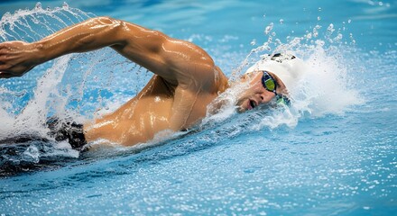 Strong swimmer powering through water with splashes