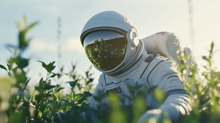 An astronaut planting plant. Astronauts and environmental engineer in a video. Farming is a sustainable way to reduce energy pollution. A space traveler putting a plant in the ground lifestyle.