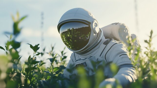 An astronaut planting plant. Astronauts and environmental engineer in a video. Farming is a sustainable way to reduce energy pollution. A space traveler putting a plant in the ground lifestyle.