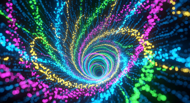 Abstract swirling vortex of vibrant neon lights and particles creating a futuristic tunnel effect with a sense of speed and motion