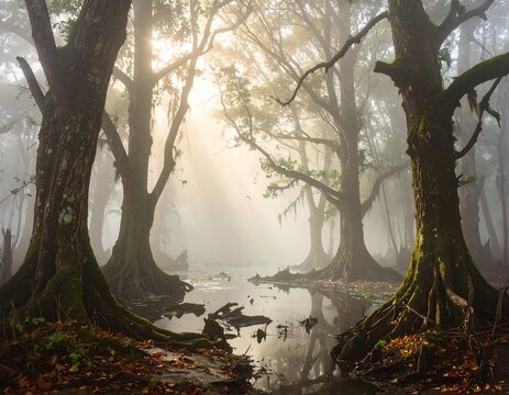 Misty forest scene with sunlight beams