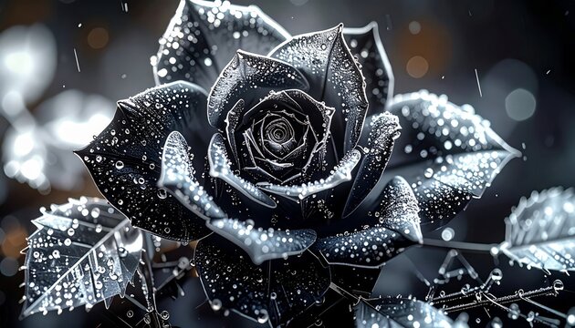 Impasto style painting features a single black rose with silver ornamentation. - Powered by Adobe