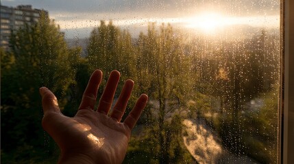 Hand reaching for sunlit rain, window view