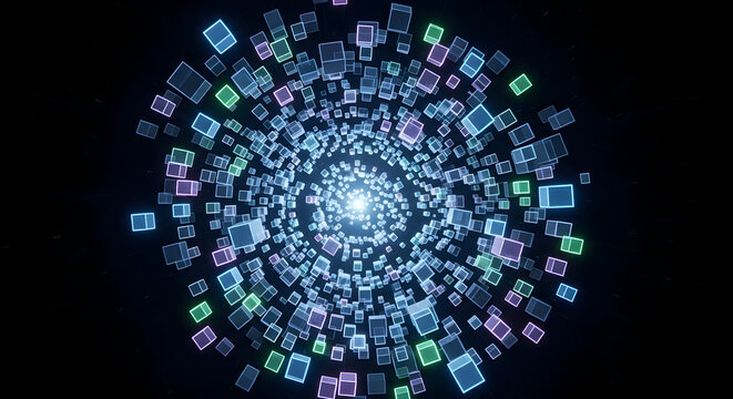 Abstract digital vortex of glowing cubes and data streams swirling inwards towards a bright light representing technology information and the future of connectivity in a dark void - Powered by Adobe