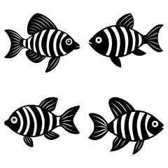 Naklejka premium Four stylized black and white striped fish swimming in different directions on a white background design art