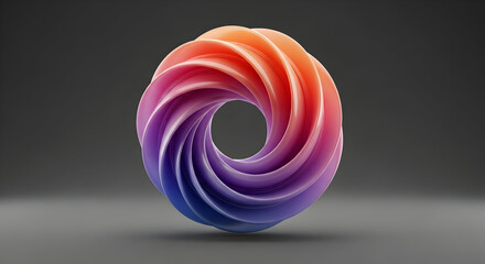 A vibrant abstract swirling torus shape with a gradient of purple to orange colors set against a dark minimalist background representing infinity motion and digital art