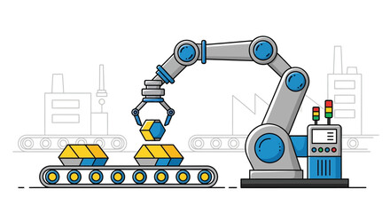 Robotic arm assembling parts on a conveyor belt in a factory.