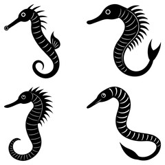 Obraz premium Four seahorses in black silhouette with unique shapes and body designs on a white isolated background