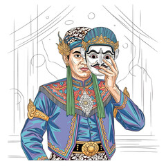 Obraz premium A man in traditional Indonesian attire holds a mask, revealing a different face beneath.
