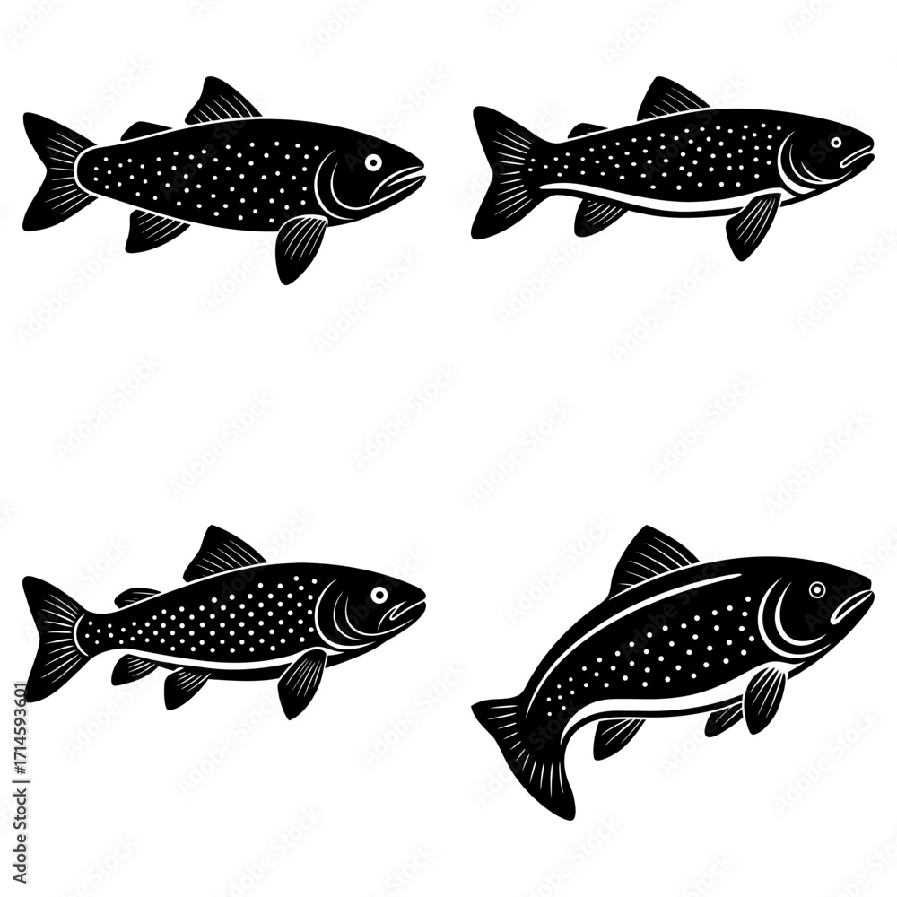 Poster four black fish with white spots arranged symmetrically on a white background in a simple vector sty