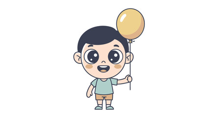 Cute cartoon boy holding a yellow balloon, smiling broadly.
