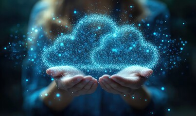A woman's hands hold a glowing cloud-shaped projection
