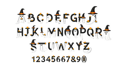 Halloween-themed alphabet and numbers with ghost and witch characters.