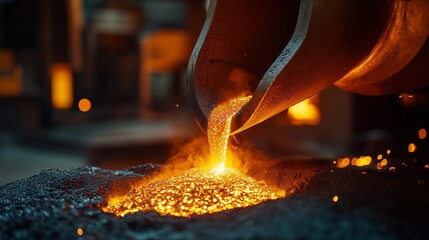 Close up of molten pouring into metal mold. Real time video of real time melting of steel in a furnace. Molten metals in a shallow 16:9 metal depth field. A detailed view of liquid lifestyle metal.