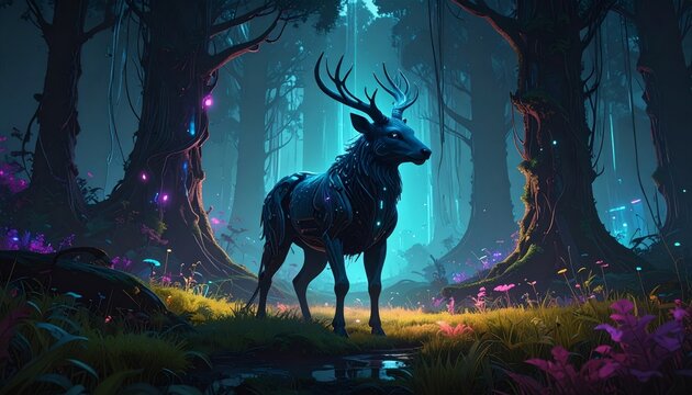 A majestic deer stands in a glowing forest, creating an ethereal atmosphere.