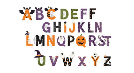 Halloween-themed alphabet letters featuring spooky decorations like bats, pumpkins, ghosts, and witches' hats on a white background.