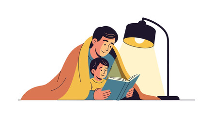 A father and son are reading a book together under a blanket, illuminated by a lamp.