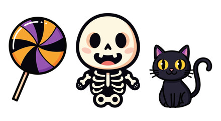 A Halloween themed illustration featuring a lollipop, a skeleton, and a black cat.