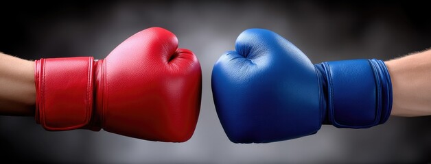 Red and blue boxing gloves meet in a fierce competition, showcasing readiness and determination in the sport of boxing