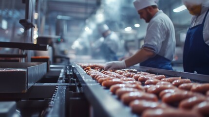 A factory worker prepares hot dogs. A conveyor belt with sausages and meat at a food production facility. A vending machine filled with sausages at a Lifestyle production facility