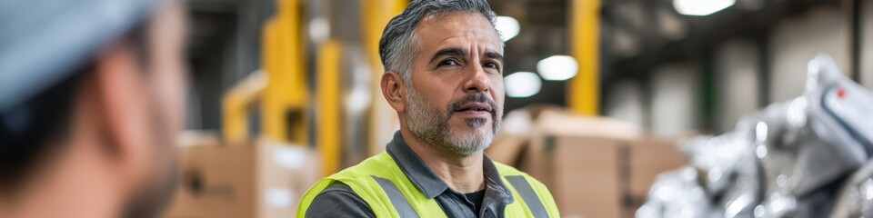 Fototapeta premium Middle-aged Hispanic male leader discussing waste management strategies in industrial facility