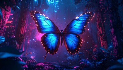 Luminous blue butterfly resting in enchanted neon rainforest at twilight hour.