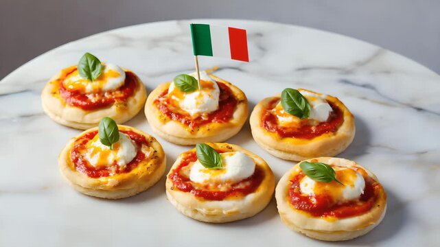 Close up cinematic video of mini Margherita pizzas with melted mozzarella tomato sauce and basil on marble table with Italian flag symbolizing authentic Italian food and Mediterranean cuisine