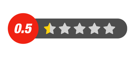 0.5 star rating PNG with transparent background, worst customer feedback icon on dark capsule bar with numeric badge and review symbol