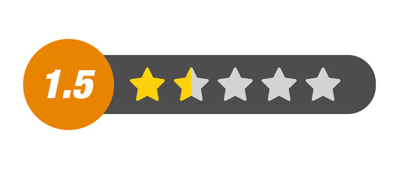 1.5 star rating PNG with transparent background, poor feedback bar on dark capsule with numeric label and half star for product rating