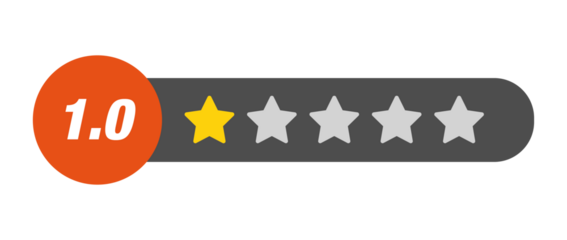 1.0 star rating PNG with transparent background, negative product rating badge on dark capsule UI bar with numeric score and icon