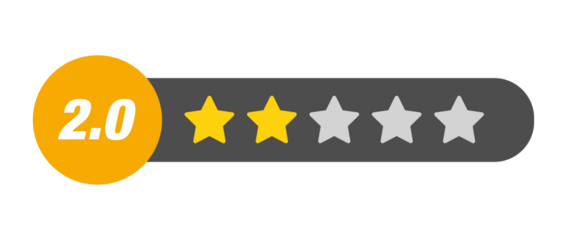 2.0 star rating PNG with transparent background, below average product review icon with numeric badge and dark rating bar