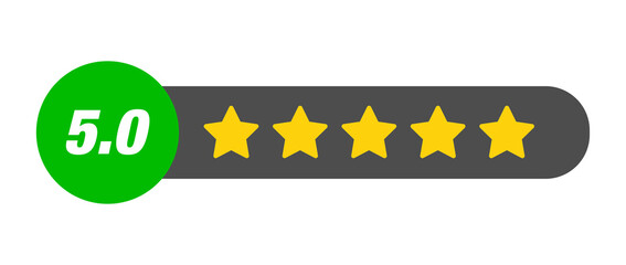5.0 star rating PNG with transparent background, full review bar with numeric label on dark capsule...