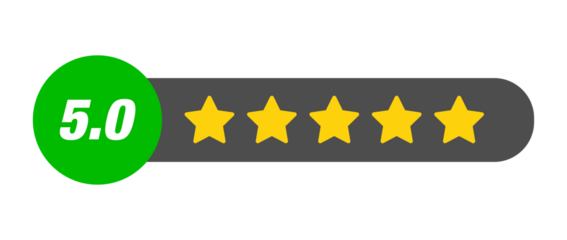 5.0 star rating PNG with transparent background, full review bar with numeric label on dark capsule for product feedback and customer trust