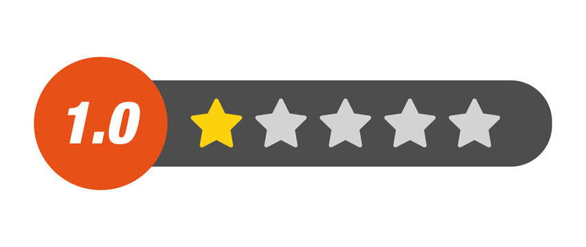 1.0 star rating PNG with transparent background, negative product rating badge on dark capsule UI bar with numeric score and icon