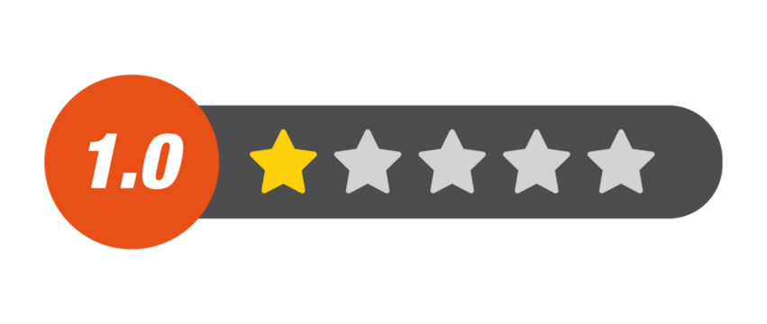 1.0 star rating PNG with transparent background, negative product rating badge on dark capsule UI bar with numeric score and icon