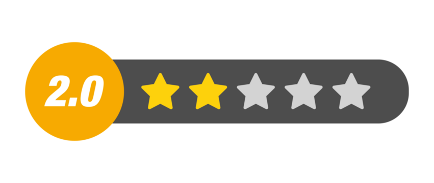 2.0 star rating PNG with transparent background, below average product review icon with numeric badge and dark rating bar