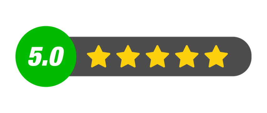 5.0 star rating PNG with transparent background, full review bar with numeric label on dark capsule for product feedback and customer trust