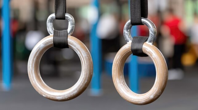 Gymnastics rings hanging in a bright workout area ready for training during a busy fitness session