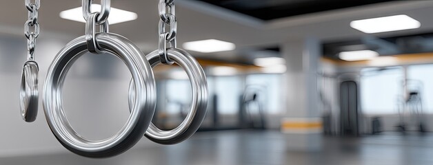 Gym rings hang ready for use in an empty workout space showcasing modern fitness equipment and bright natural light