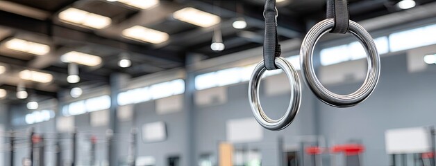 Training rings hang in a modern gym ready for workouts and fitness routines during a bright day with ample natural light
