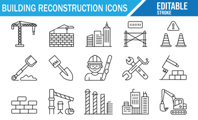 Editable linear vector icons of crane, excavator, ladder, helmet, and site reconstruction