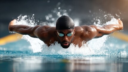 Swimmer performing a powerful butterfly stroke in a competitive pool setting during daytime