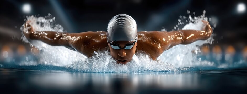 Competitive swimmer performs butterfly stroke in indoor pool during evening training session, showcasing strength and technique in action