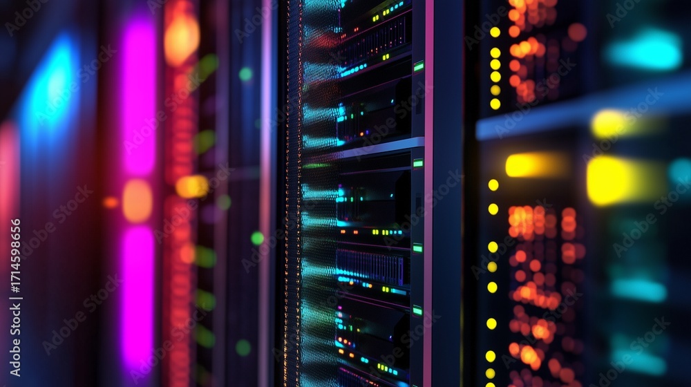 Poster data center servers with glowing lights. data technology servers in the center. a rack of hardware f