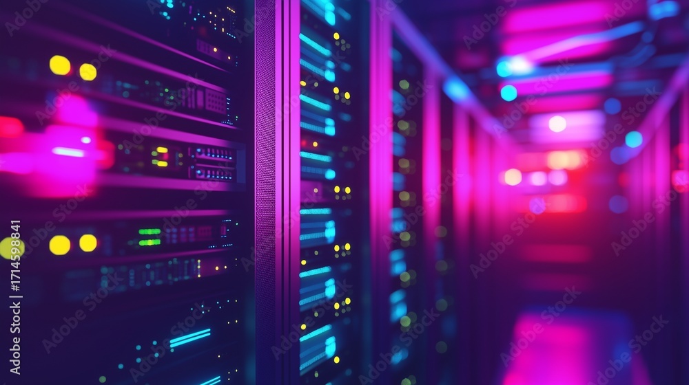 Poster data center servers with glowing lights. data technology servers in the center. a rack of hardware f